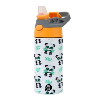 Panda, Children's hot water bottle, stainless steel, with safety straw, Orange/Grey (360ml) BPA-FREE