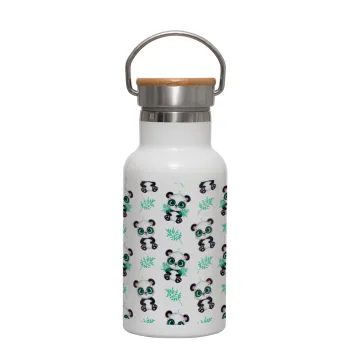 Panda, Metallic thermos (Stainless steel) White with wooden lid (bamboo), double-walled, 350ml
