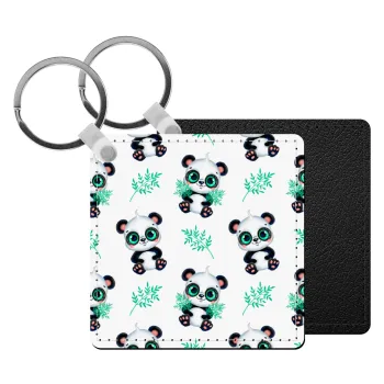 Panda, Μπρελόκ Δερματίνη, τετράγωνο ΜΑΥΡΟ (5x5cm)