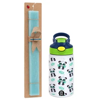 Panda, Easter Set, Children's thermal stainless steel bottle with safety straw, green/blue (350ml) & aromatic flat Easter candle (30cm) (TURQUOISE)