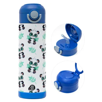Panda, Παιδικό παγούρι θερμό, ανοξείδωτο, με καλαμάκι ασφαλείας, ΜΠΛΕ (500ml)