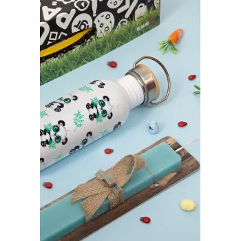 Panda, Πασχαλινή Λαμπάδα με παγούρι μεταλλικό (620ml, stainless steel) & κερί αρωματικό πλακέ (30cm) (ΤΙΡΚΟΥΑΖ)