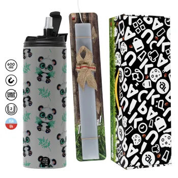 Panda, Πασχαλινή Λαμπάδα με Travel Tumbler θερμό (600ml, BPA free) & κερί αρωματικό πλακέ (30cm) (ΓΚΡΙ)