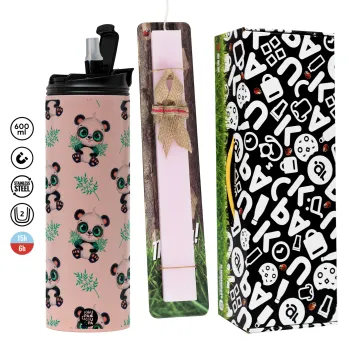 Panda, Πασχαλινή Λαμπάδα με  ΡΟΖ Travel Tumbler θερμό (600ml, BPA free) & κερί αρωματικό πλακέ (30cm) (ΡΟΖ)