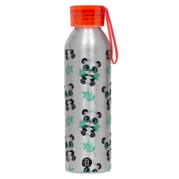 Panda, Αλουμινένιο Αθλητικό Μπουκάλι 650ml – Ασημί με Κόκκινο Καπάκι και Λουράκι Σιλικόνης