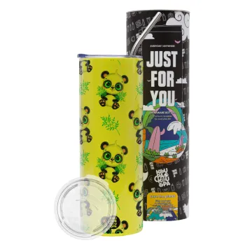 Panda, Neon Yellow Travel Tumbler θερμό, μεταλλικό καλαμάκι(Ανωξείδωτο 304 Food grade, BPA free, 600ml)