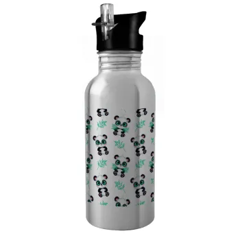 Panda, Water bottle Silver with straw, stainless steel 600ml