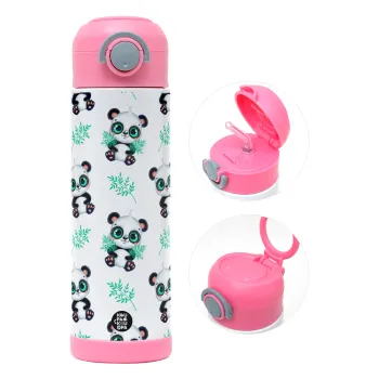 Panda, Children's hot water bottle, stainless steel, with safety straw, PINK (500ml)