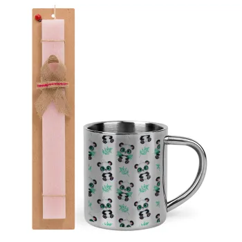 Panda, Easter Set, metallic thermal cup (300ml) & aromatic flat Easter candle (30cm) (PINK)