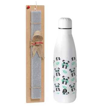 Panda, Easter Set, metallic stainless thermos bottle (500ml) & scented flat Easter candle (30cm) (GRAY)