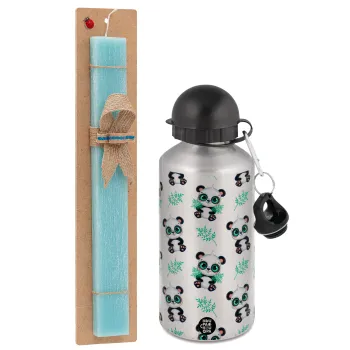 Panda, Easter Set, metallic silver aluminum water bottle (500ml) & scented flat Easter candle (30cm) (TURQUOISE)
