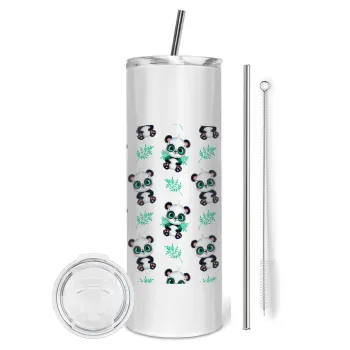 Panda, Tumbler ποτήρι θερμό από ανοξείδωτο ατσάλι 600ml, με μεταλλικό καλαμάκι & βούρτσα καθαρισμού