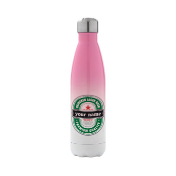 Heineken with name, Metal mug thermos Pink/White (Stainless steel), double wall, 500ml