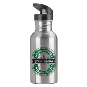 Heineken with name, Water bottle Silver with straw, stainless steel 600ml