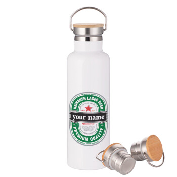 Heineken with name, Stainless steel White with wooden lid (bamboo), double wall, 750ml