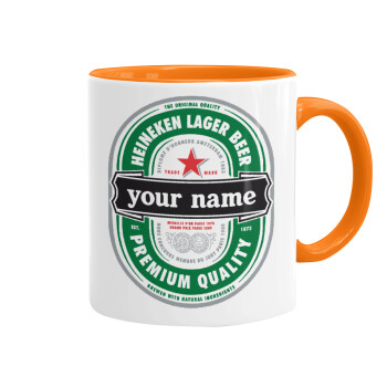 Heineken with name, Mug colored orange, ceramic, 330ml