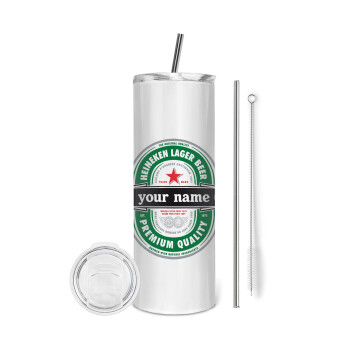 Heineken with name, Tumbler stainless steel 600ml, with metal straw & cleaning brush