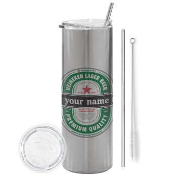 Heineken with name, Eco friendly stainless steel Silver tumbler 600ml, with metal straw & cleaning brush