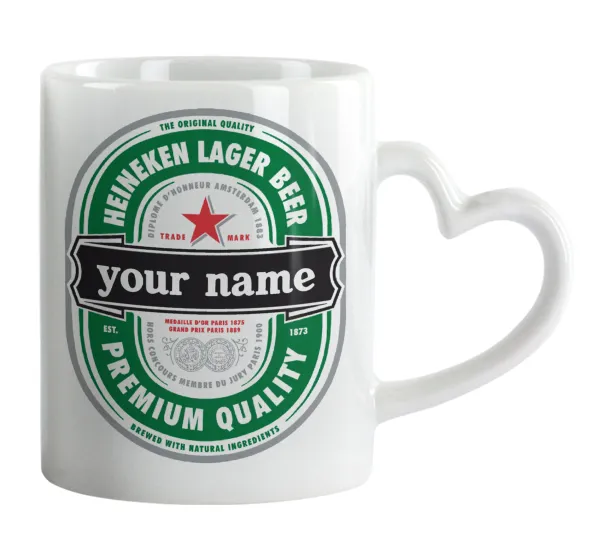 Heineken with name — Mug heart handle, ceramic, 330ml