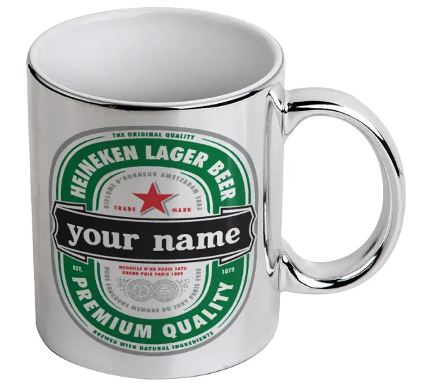 Heineken with name — Mug ceramic, silver mirror, 330ml