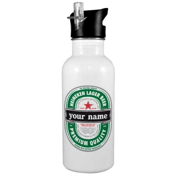 Heineken with name — White water bottle with straw, stainless steel 600ml