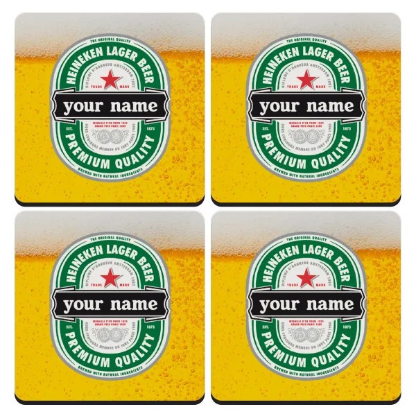 Heineken with name — Set of 4 square wooden coasters (9cm)