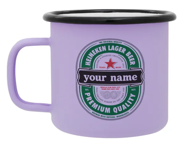 Heineken with name — Metal enamel mug, matte light pastel purple, 360ml