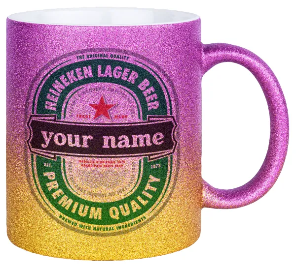 Heineken with name — Gold/pink glitter mug, ceramic, 330ml