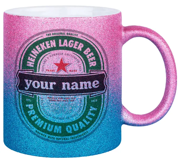 Heineken with name — Gold/blue glitter mug, ceramic, 330ml
