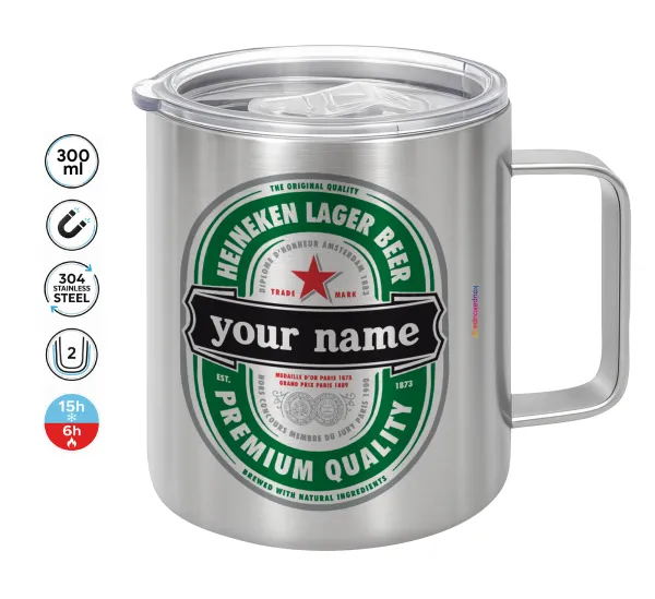 Heineken with name — Double-walled stainless steel mug 300ml with temperature-retaining lid