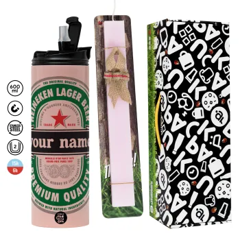 Heineken με όνομα, Πασχαλινή Λαμπάδα με  ΡΟΖ Travel Tumbler θερμό (600ml, BPA free) & κερί αρωματικό πλακέ (30cm) (ΡΟΖ)