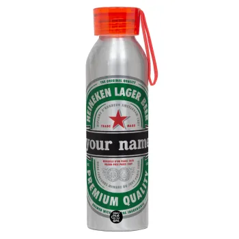 Heineken με όνομα, Αλουμινένιο Αθλητικό Μπουκάλι 650ml – Ασημί με Κόκκινο Καπάκι και Λουράκι Σιλικόνης