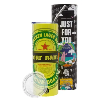 Heineken με όνομα, Neon Yellow Travel Tumbler θερμό, μεταλλικό καλαμάκι(Ανωξείδωτο 304 Food grade, BPA free, 600ml)