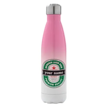 Heineken with name, Metal mug thermos Pink/White (Stainless steel), double wall, 500ml