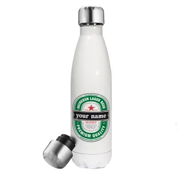 Heineken με όνομα, Μεταλλικό παγούρι θερμός Λευκό (Stainless steel), διπλού τοιχώματος, 500ml