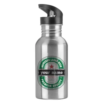 Heineken with name, Water bottle Silver with straw, stainless steel 600ml