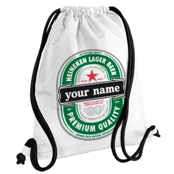 Heineken with name, Backpack pouch GYMBAG white, with pocket (40x48cm) & thick cords