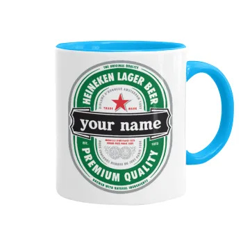 Heineken with name, Mug colored light blue, ceramic, 330ml