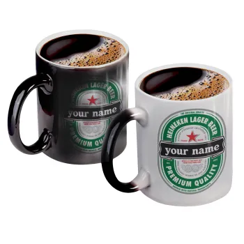 Heineken with name, Color changing magic Mug, ceramic, 330ml when adding hot liquid inside, the black colour desappears (1 pcs)