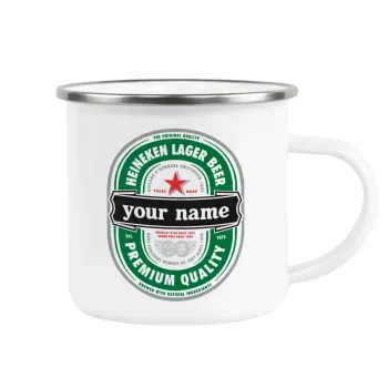 Heineken with name, Metallic enamel cup white 360ml