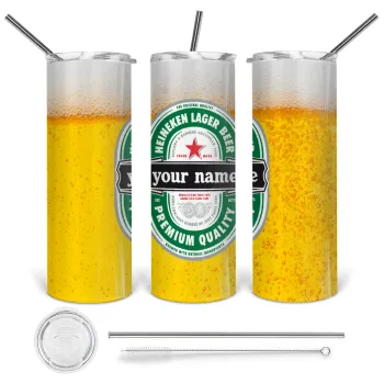 Heineken με όνομα, Tumbler ποτήρι θερμό από ανοξείδωτο ατσάλι 600ml, με μεταλλικό καλαμάκι & βούρτσα καθαρισμού