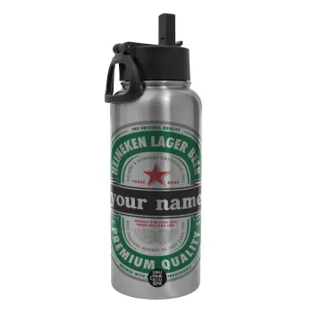 Heineken with name, Metal mug thermo Silver with Straw and Spout Lid (Stainless steel), double wall, 950ml