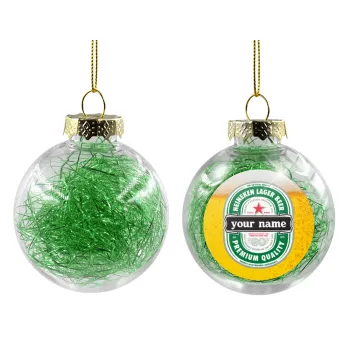 Heineken with name, Transparent Christmas tree ball ornament with green filling 8cm