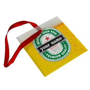 Heineken with name, Christmas ornament, glass square ornament 9x9cm