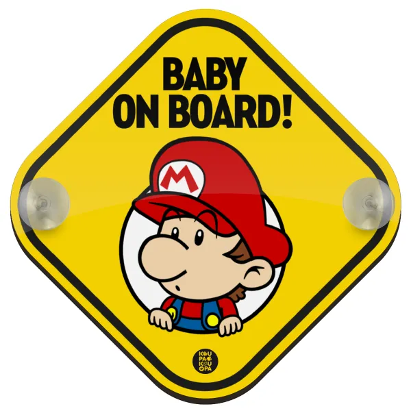 Baby mario on board yellow — Σήμανση αυτοκινήτου Baby On Board ξύλινο με βεντουζάκια (16x16cm)