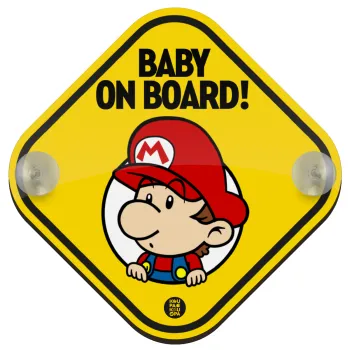Baby mario on board yellow, Σήμανση αυτοκινήτου Baby On Board ξύλινο με βεντουζάκια (16x16cm)
