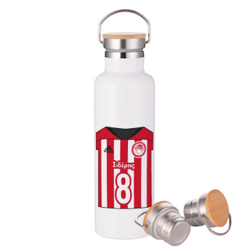 Ολυμπιακός εμφάνιση, Stainless steel White with wooden lid (bamboo), double wall, 750ml