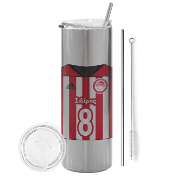Ολυμπιακός εμφάνιση, Tumbler stainless steel Silver 600ml, with metal straw & cleaning brush