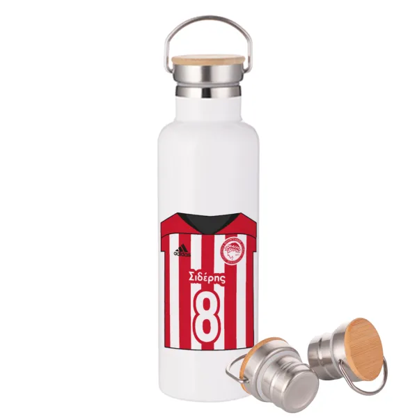 Ολυμπιακός εμφάνιση — Stainless steel White with wooden lid (bamboo), double wall, 750ml