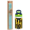 Easter Set, Children's thermal stainless steel bottle with safety straw, green/blue (350ml) & aromatic flat Easter candle (30cm) (TURQUOISE)